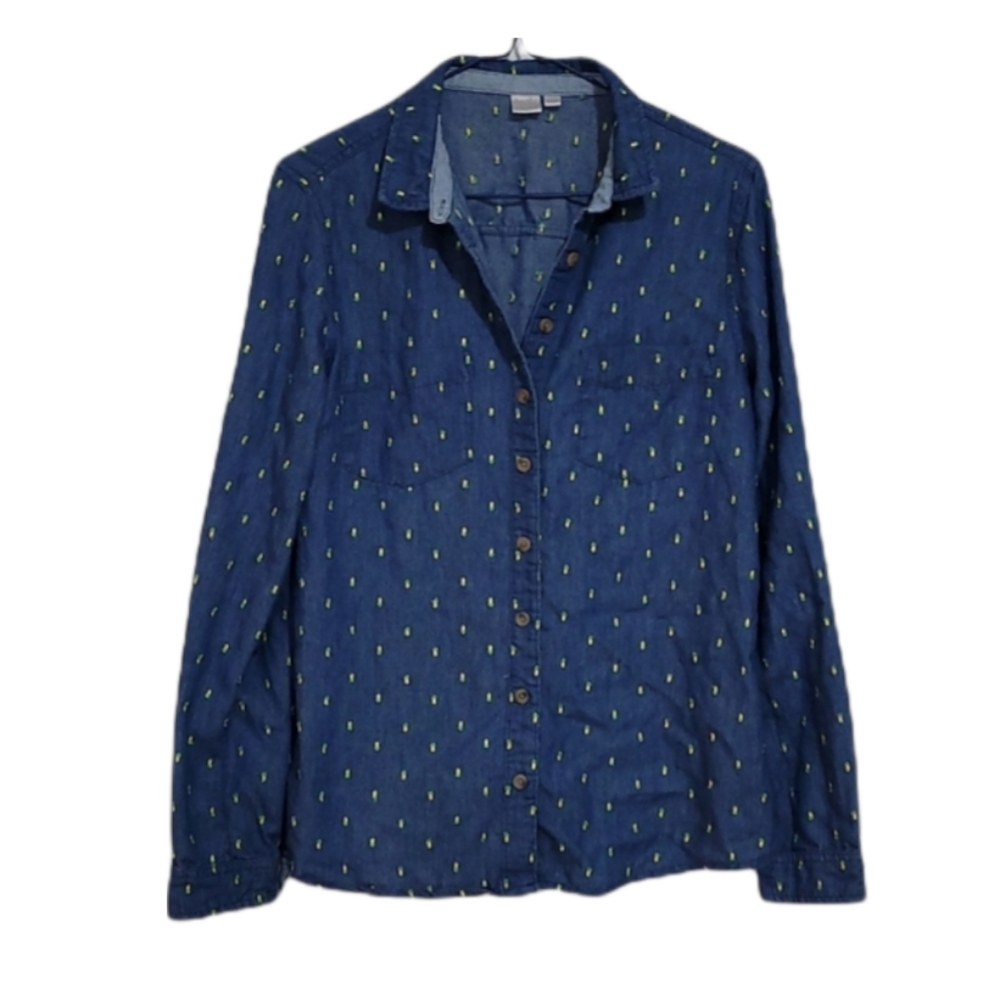 Embroidered Pineapple Chambray Button Up Long Sleeve Shirt